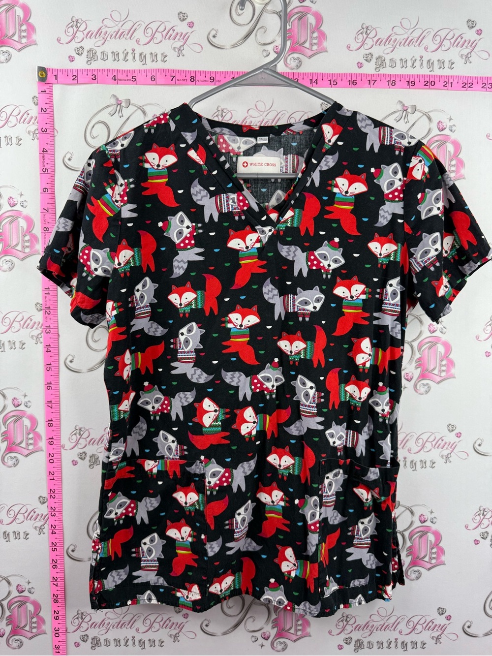 White Cross scrubs top winter foxes cute Black Tee with Red & Gray Foxes